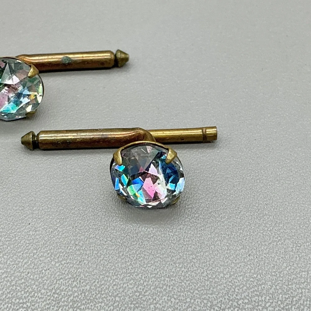 Vintage Aurora Borealis Crystal Cufflinks Gold Tone Oval AB Rhinestone Formal
